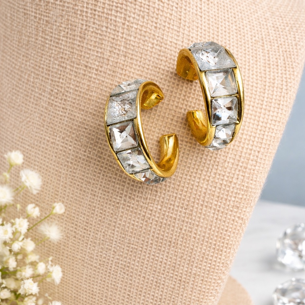 Gold Tone Crystal Hoop Earrings Square Cut Rhinestone Statement